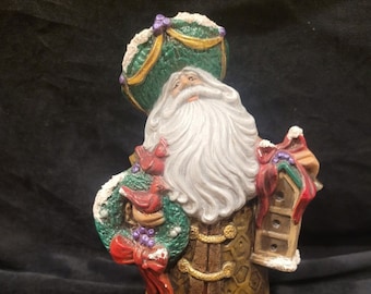 Old World Santa St Nicholas with wreath cardinals and birdhouses Hand Painted Ceramic Christmas tree