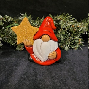 Gnome with Gold Star Christmas hand painted ceramic