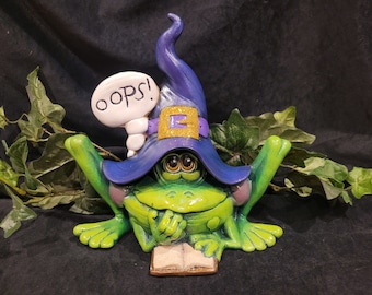 Halloween Witch Frog OOPS Toad Trick or Treat handpainted ceramic Glittery Accents