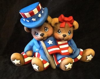 4th of July Uncle Sam cuddle bears Hand Painted Ceramic Patriotic Memorial Day Military