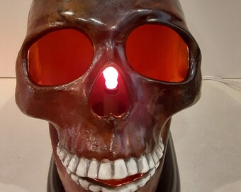 Skull light with base hand painted raku fresh out of the kiln halloween