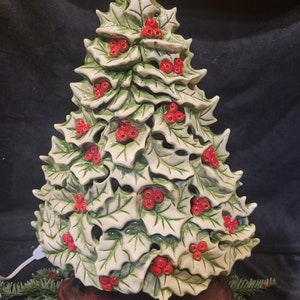 Holly Berry Ceramic Christmas tree with base and light