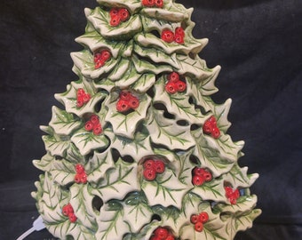 Holly Berry Ceramic Christmas tree with base and light