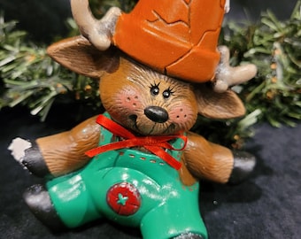 Christmas Reindeer crackpot North Pole hand painted ceramic Santa Holidays Winter