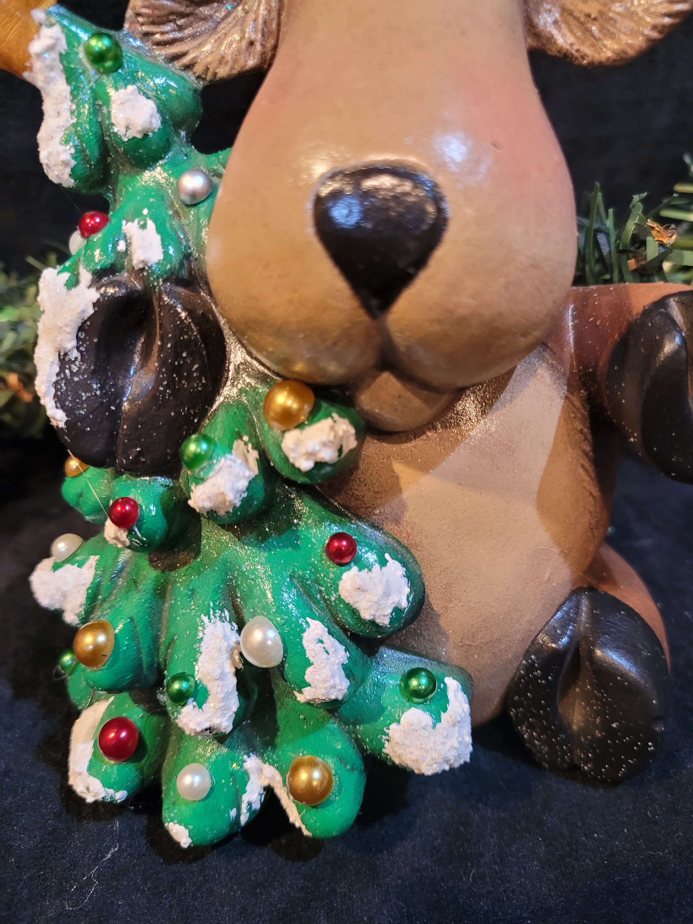 Christmas Moose With Ornaments Hand Painted Ceramic Santa Holidays