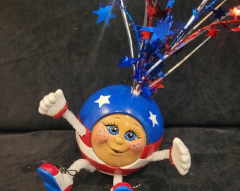 Bomba de cereza con petardo del 4 de julio, cerámica pintada a mano, Día de los Caídos Patrióticos, Militar, Tío Sam