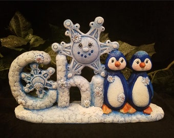 Chill Penguins cuddle buddies North Pole hand painted ceramic Santa Holidays Winter