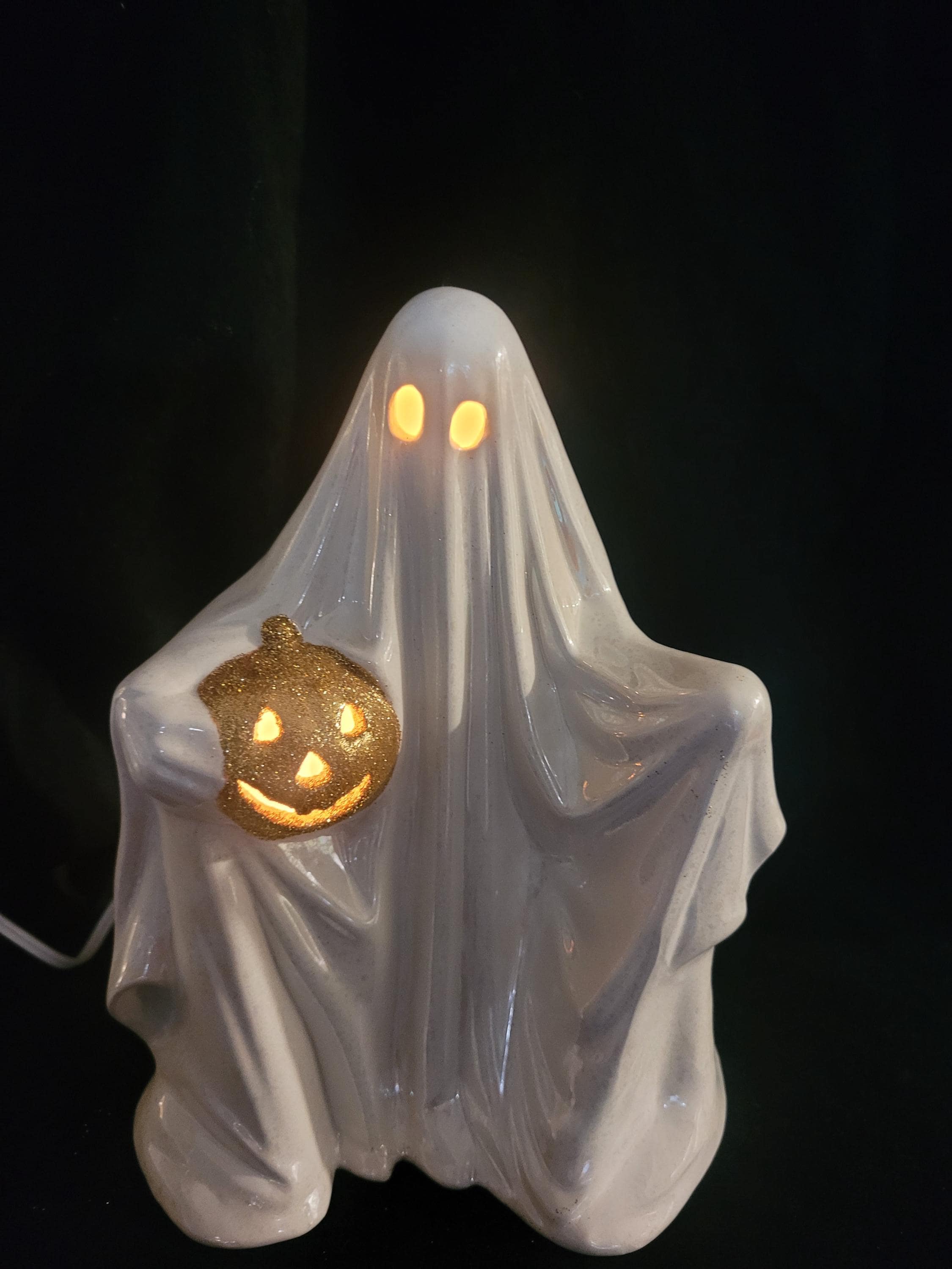 Vintage Spooky Sammy Ghost Holding Pumpkin Light Hand Painted Glazed ...
