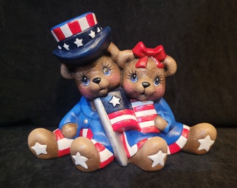 4th of July Uncle Sam cuddle bears Hand Painted Ceramic Patriotic Memorial Day Military
