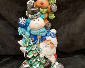 Christmas Santa Snowman Rudolph tree Light Hand Painted ceramic 14” tall