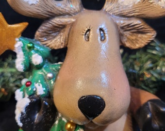 Christmas Moose With Ornaments Hand Painted Ceramic Santa Holidays