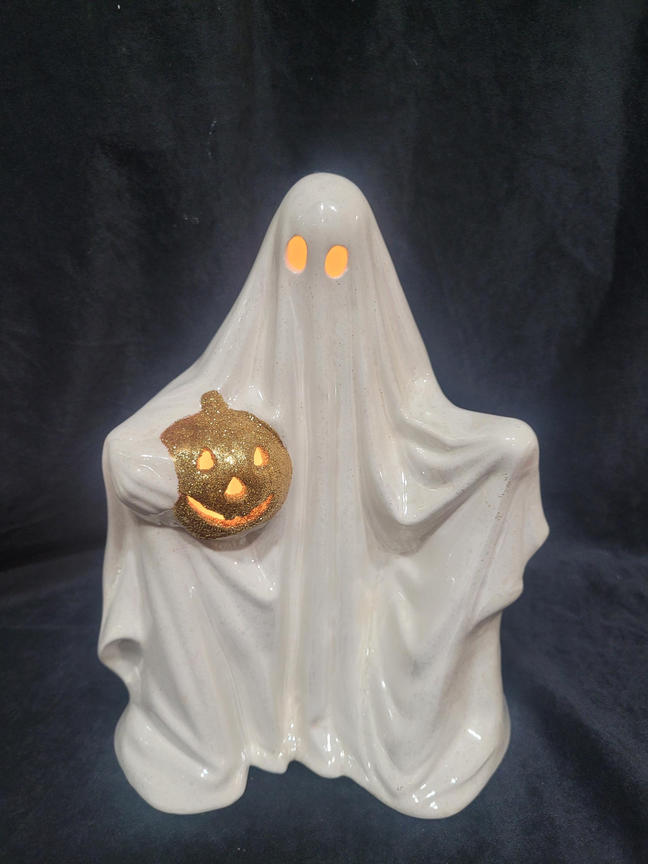 Vintage Spooky Sammy Ghost Holding Pumpkin Light Hand Painted Glazed ...