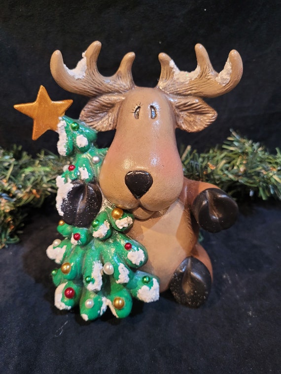 Christmas Moose With Ornaments Hand Painted Ceramic Santa Holidays