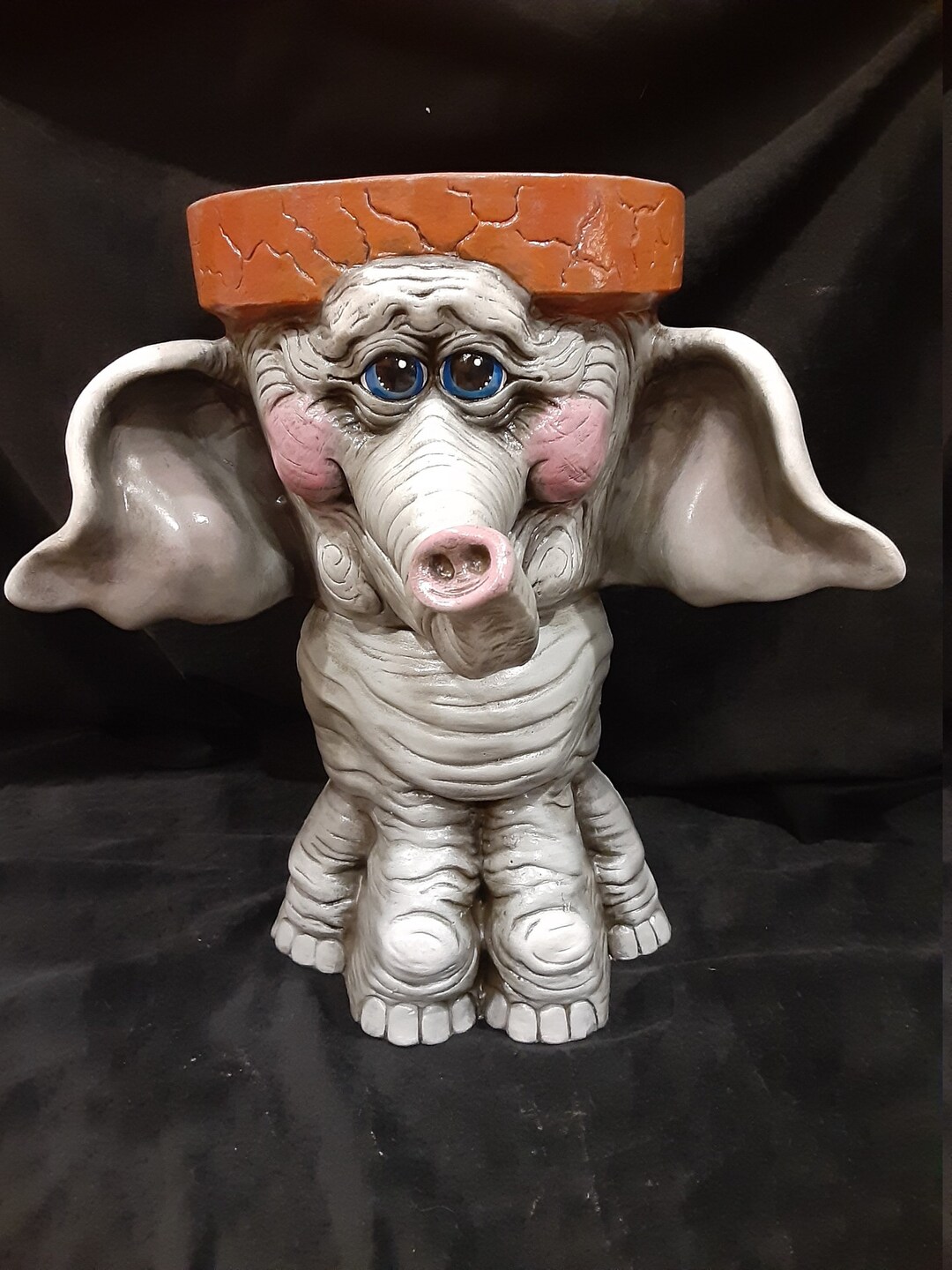 Hand Painted Ceramic Elephant Planter Glazed Inside Terra Cotta Patio