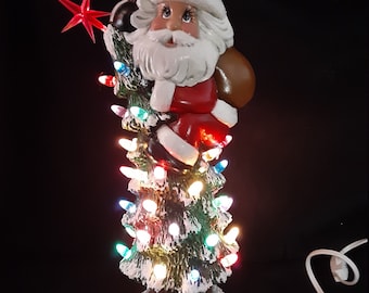 Christmas Santa light Rudolph Wait! Christmas tree Hand Painted ceramic 14” tall