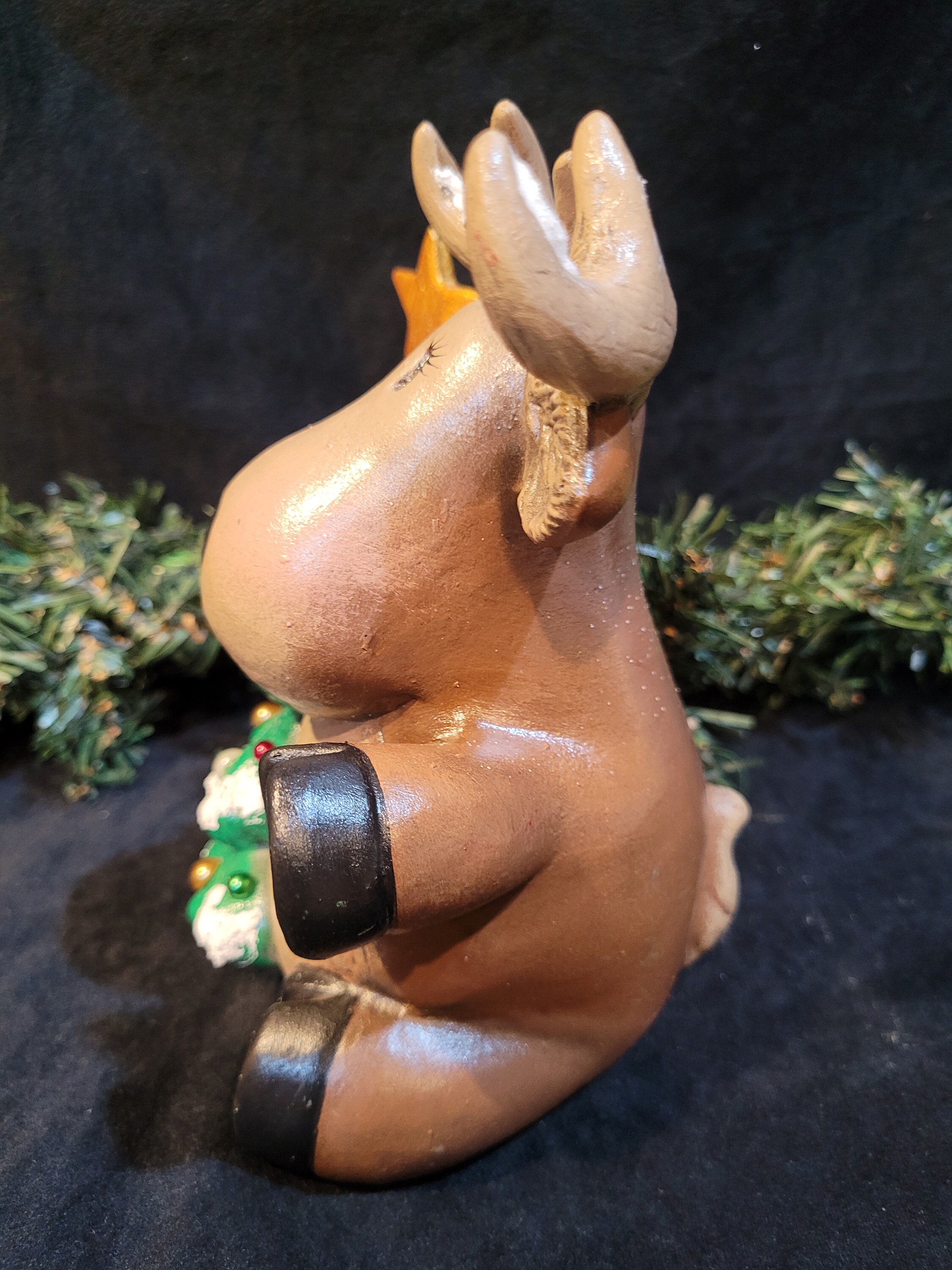 Christmas Moose With Ornaments Hand Painted Ceramic Santa Holidays