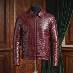 Men's Burgundy Crocodile Leather Jacket | Embossed Alligator Motorcycle Biker Jacket | Genuine Cowhide Luxury Menswear