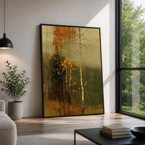 Autumn Birch Trees Wall Art Print, Fall Landscape Decor for Home, Nature-Inspired Canvas Print, Warm Tones for Living Room