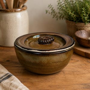 May include: A round ceramic bowl with a matching lid featuring a dark brown, glossy glaze that transitions to a lighter tan hue at the base. The lid is topped with a small, textured, dark brown knob shaped like a coiled fossil or shell.