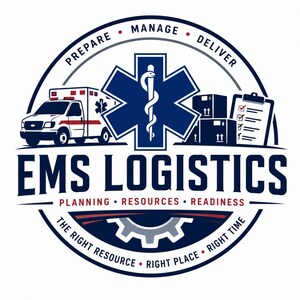 May include: A circular logo for EMS Logistics featuring a blue Star of Life with a white serpent, an ambulance, shipping boxes, and a clipboard. The text reads PREPARE, MANAGE, DELIVER, EMS LOGISTICS, PLANNING, RESOURCES, READINESS, THE RIGHT RESOURCE, RIGHT PLACE, RIGHT TIME.