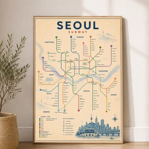 Könnte beinhalten: Ein gerahmtes Wandposter mit einer stilisierten Karte des U-Bahn-Systems von Seoul, farbigen Transitlinien, Stationsnamen und einer Legende. Das Design enthält eine blau gehaltene Illustration der Skyline und Sehenswürdigkeiten.