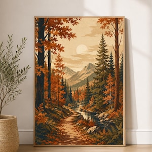 Puede incluir: Una impresión de arte mural rectangular que presenta una ilustración de paisaje de un bosque otoñal con follaje naranja y marrón, un camino de tierra sinuoso, un arroyo, árboles de hoja perenne y montañas distantes bajo un sol pálido en un cielo beige.
