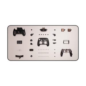 May include: A disassembled black video game controller laid out in organized parts, including the outer shell, internal circuit board, battery, various buttons, small screws, and internal mechanical components arranged on a flat surface.