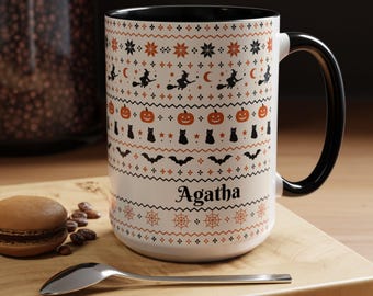 Personalisierte Halloween-Tasse mit Fair-Isle-Muster | Kaffeetasse mit Akzent, 325 ml oder 440 ml