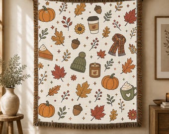 Kuschelige Herbstdecke | Beanie-Kaffee- und Blättermuster | Herbstliche Deko-Idee