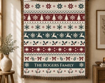 Personalisierte Weihnachtsdecke | Individuell gestaltete Schneeflockendecke mit Namen | Weihnachtsgeschenk im Fair-Isle-Stil