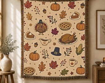 Gewebte Thanksgiving-Decke | Herbstliches Kürbis- und Truthahnmuster | Herbstliche Deko-Idee