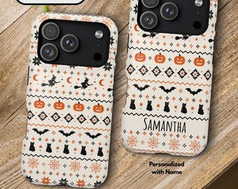 Personalisierte Halloween-Handyhülle | MagSafe-Hülle mit Fair-Isle-Kürbismuster | Personalisiertes Herbstgeschenk