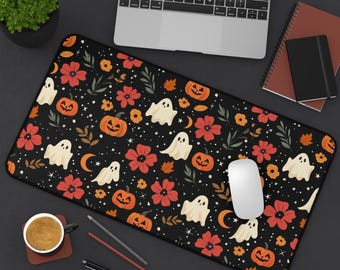 Halloween-Geister-Schreibtischunterlage | Kürbis- und Blumen-Mauspad | Gruselige Schreibtischdeko