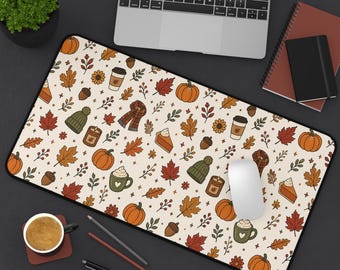 Gemütliche Schreibtischunterlage für den Herbst | Herbstlaub-Kürbis-Kaffeetuchmuster | Geschenkidee fürs Büro