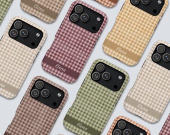 Personalisierte Handyhülle mit Vichy-Karo | MagSafe-Hülle mit individuellem Namen für iPhone & Samsung Galaxy | Stoßfeste Schutzhülle