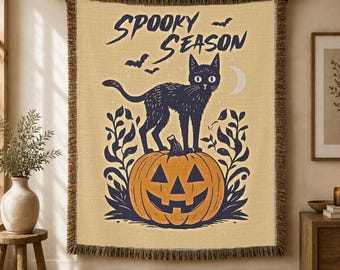 Schwarze Katze Kürbis-Kuscheldecke | Vintage Halloween-Baumwolldecke | Gruselige Herbstdeko