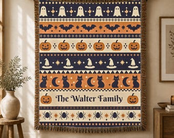 Personalisierte Halloween-Decke | Decke mit schwarzem Katzen- und Mondmotiv | Herbstliches Geschenk im Fair-Isle-Stil