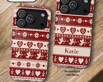Personalisierte Handyhülle zum Valentinstag | MagSafe-Hülle mit Fair-Isle-Herzen für iPhone & Samsung | Individuelles Geschenk für Freundinnen