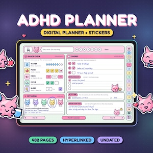 Peut inclure: Un planificateur numérique TDAH affiché sur un écran de tablette avec une interface rose et blanche et des personnages de chat en pixel art. La mise en page comprend des sections pour le suivi quotidien, les tâches, l'humeur et des onglets latéraux.
