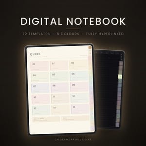Puede incluir: Un cuaderno digital en la pantalla de una tableta con el texto DIGITAL NOTEBOOK, 72 TEMPLATES, 6 COLOURS, FULLY HYPERLINKED y COOLANDPRODUCTIVE. La interfaz muestra una cuadrícula de quince casillas numeradas en colores pastel y pestañas.