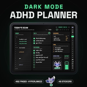 May include: A digital planner displayed on a tablet screen with a dark mode interface. The layout features sections titled TODAY'S SCAN, TOP 3, ON SCREEN, INCOMING, PING, MOOD PING, and BATTERY. Text includes 482 PAGES HYPERLINKED and 48 STICKERS.