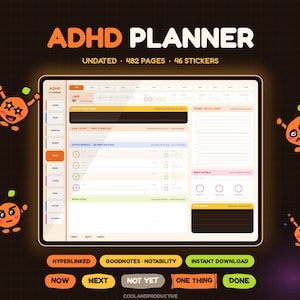 Può includere: Un pianificatore digitale ADHD visualizzato su uno schermo di tablet con il testo ADHD PLANNER, UNDATED, 482 PAGES, 46 STICKERS. L'interfaccia presenta sezioni per attività quotidiane, sprint di concentrazione e body doubling, con quattro personaggi.