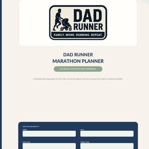 Puede incluir: Un planificador de maratón Dad Runner con un logotipo de una persona empujando un cochecito, el texto "FAMILY. WORK. RUNNING. REPEAT.", "DAD RUNNER MARATHON PLANNER", "26.2 MILES. COUNTLESS EARLY MORNINGS." y campos rellenables para nombre, carrera, fecha y tiempo.