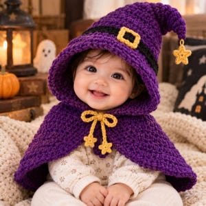 May include: A purple crocheted hooded cape with a matching pointed hat. The hat features a black band with a yellow buckle and a yellow star charm at the tip. The cape is secured at the neck with a yellow crocheted bow featuring two star-shaped ends.