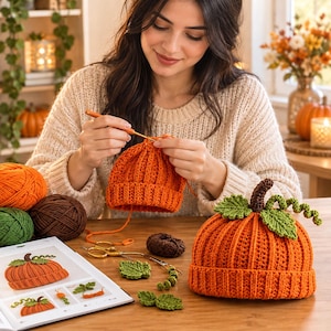 May include: A bright orange crocheted pumpkin hat with a dark brown stem and green leaves. The hat features a ribbed texture and a folded brim. Nearby are balls of orange, green, and brown yarn, a crochet hook, scissors, and a pattern book.