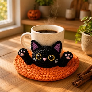 May include: A speckled ceramic mug sits on a round, orange crocheted coaster featuring a black cat with large yellow eyes, purple inner ears, and pink paw pads. The cat's front paws are raised as if reaching up from the orange base.