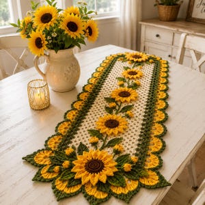 May include: A rectangular crochet table runner featuring a cream-colored grid base with a central vine pattern of three-dimensional yellow sunflowers and green leaves. The edges are finished with a scalloped border of yellow and green yarn.