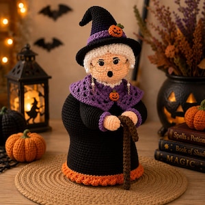 Halloweenhäxa-virkmönster, handledning för mormors amigurumi (PDF)