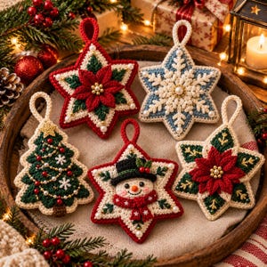 May include: Five crocheted Christmas ornaments featuring a red poinsettia star, a blue snowflake star, a green Christmas tree, a snowman star, and another red poinsettia star, all decorated with small white beads and hanging loops.