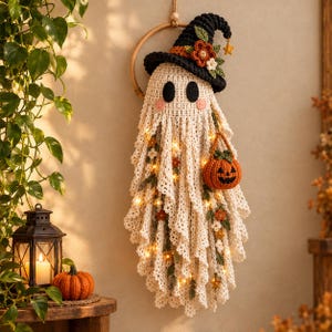 Peut inclure: Une décoration murale fantôme en crochet avec un chapeau de sorcière noir orné de fleurs, un petit panier citrouille orange et des guirlandes lumineuses intégrées. Le fantôme a un corps crème, des yeux ovales noirs et des joues roses, sur un cerceau.